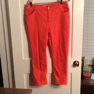 Orange denim capris.